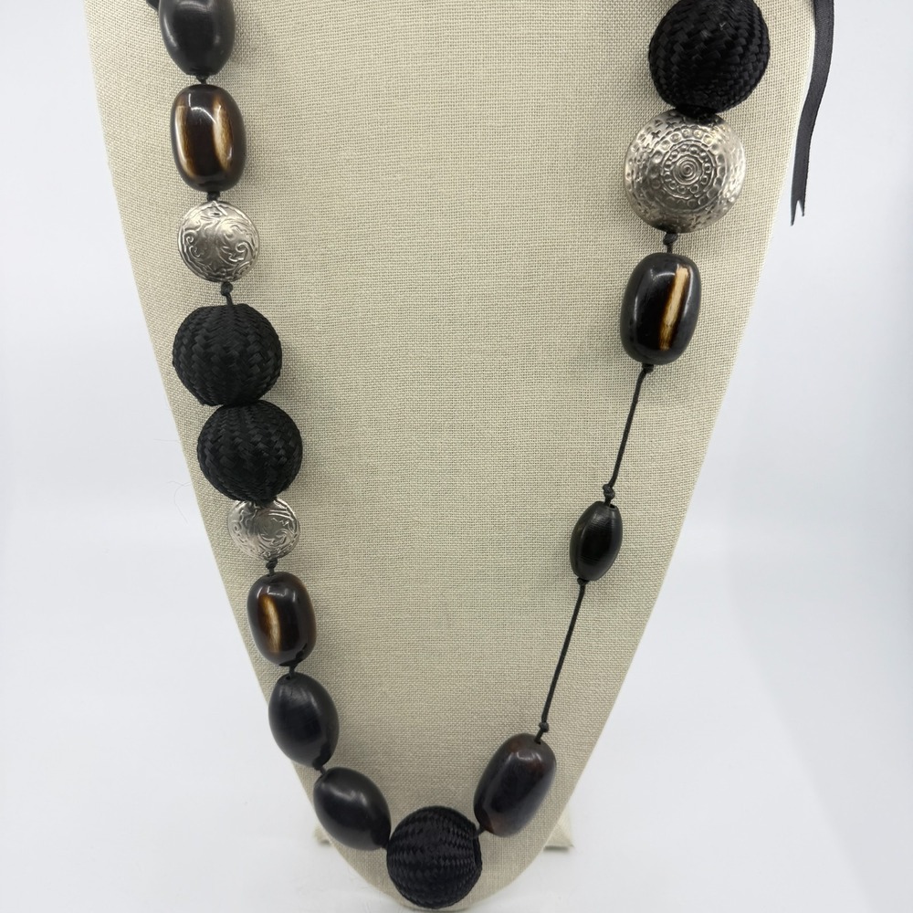 Boho Statement Necklace Wood Bead Silver Tone Artisan Layering Festival Gift